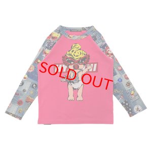 画像1: 40%off   Hystericmini　MINI DOLL SCRATCH DENIM ラグラン長袖Tシャツ　　26；マゼンタ (1)