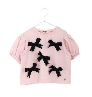 画像1: MakeYourDay　　リボンパフスリーブ半袖Tシャツ　　ピンク　　 (1)