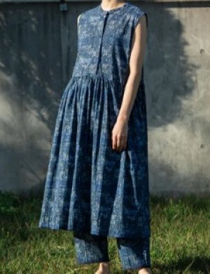 画像1: YARRA 　INDIAプリントノースリワンピース　　55；ブルー　　FREE (1)