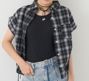 画像2: Lovetoxic  　【綿100％】チェックノースリーブドロストシャツ　　80；黒 (2)