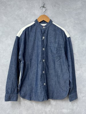 画像1: 2025秋冬　DENIMDUNGAREE　	 シャンブレー リメイク ノーカラー シャツ　　14；ブルー (1)
