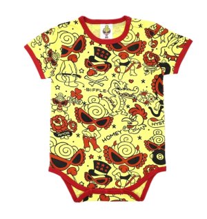 画像1: MY FIRST HYSTERIC　TATTOO PARLOUR総柄 半袖ロンパース　　64；イエロー系　サイズ；80 (1)