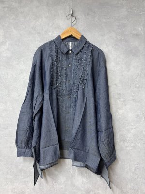 画像1: grin　Iデニムボイル三角フリルシャツ　　090；ネイビー　　サイズ；2 (1)