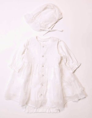 画像1: MakeYourDay　ボンネット付きワンピースセレモニードレス　　オフホワイト　　サイズ；50-70 (1)