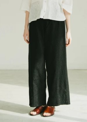 画像1: YARRA 　　INDIA刺繍切替ワイドパンツ　99；ブラック　　FREE (1)
