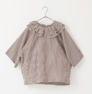 画像1: Veritecoeur　 タックフリルプルオーバー　 BROWN×ECRU STRIPE　サイズ；F (1)