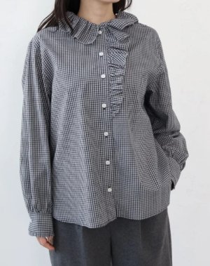 画像1: doux bleu　ギンガムチェック フリルカラーブラウス　　55；ネイビー　サイズ；FREE (1)