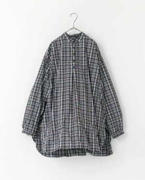 画像1: Veritecoeur　ヘンリーネックシャツ 　NAVY CHECK      サイズ；F (1)